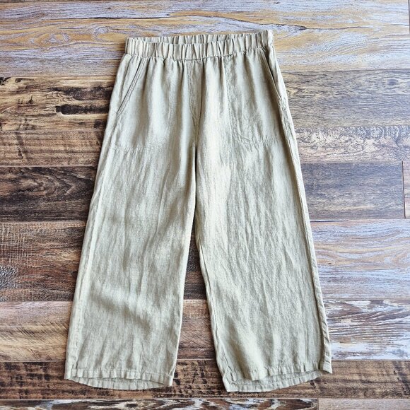 cut loose Pants - Cut Loose Lagenlook Linen Wide Leg Cropped Pants Elastic Waist Pocket Green